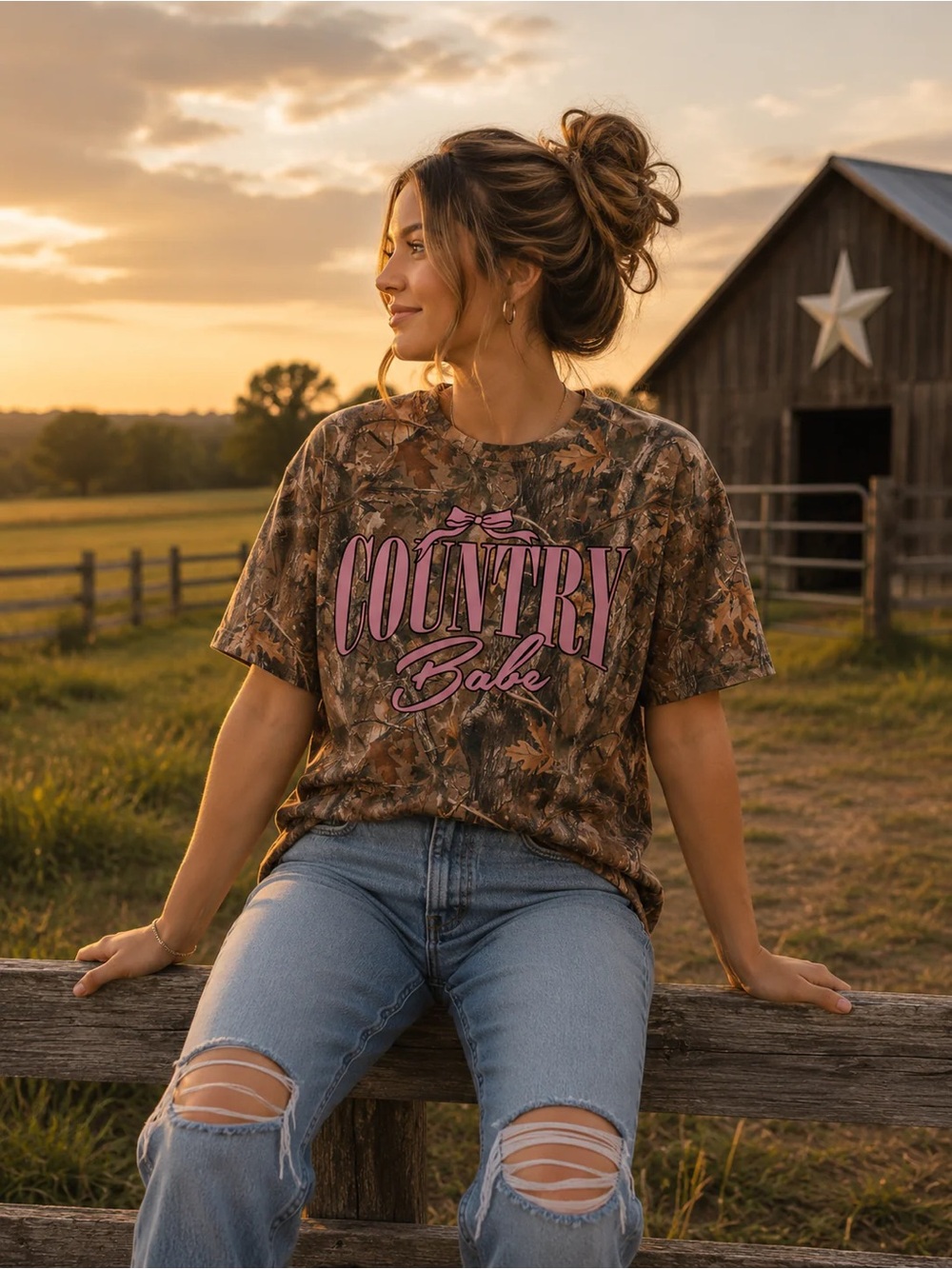Simply Southern Country Babe Camo Tee Women’s XXL / 2X Pink Bow Puff Letters New